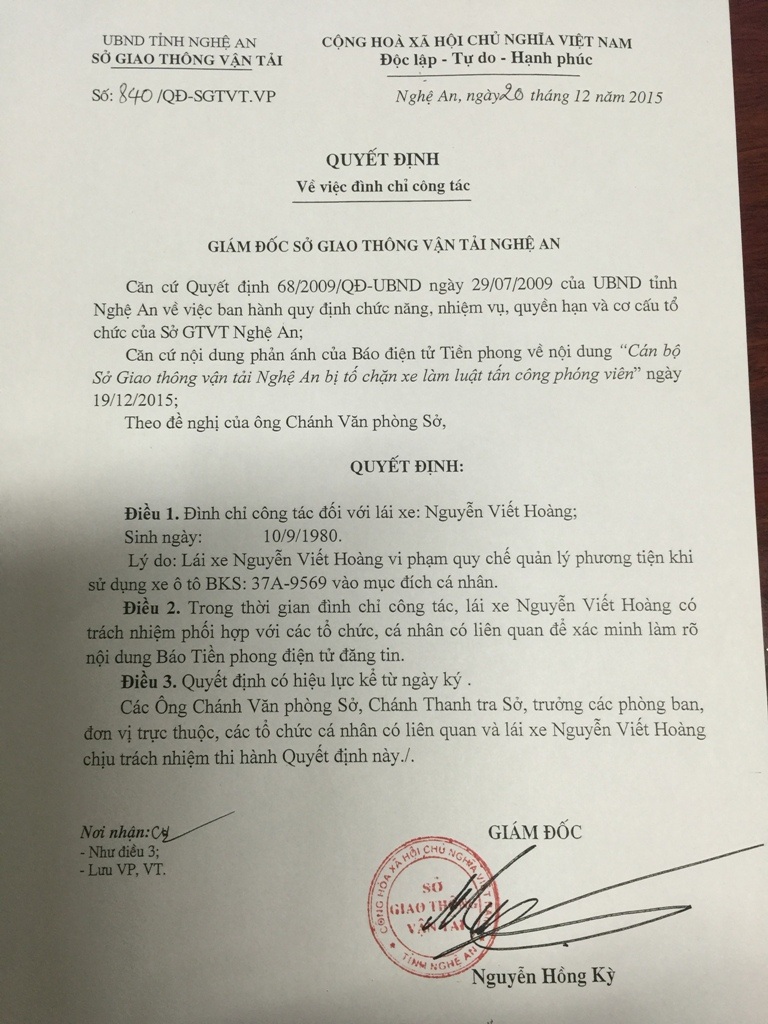 Quyết định tạm đình chỉ công tác đối với lái xe Nguyễn Viết Hoàng.