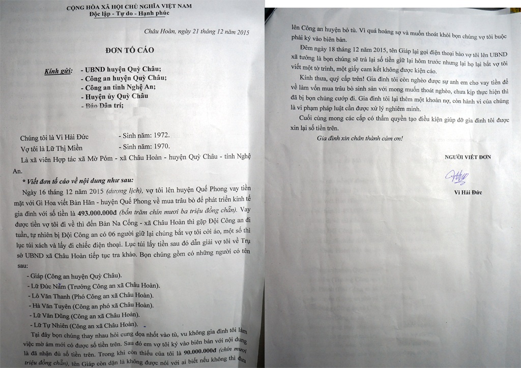 Đơn tố cáo của anh Vi Hải Đức gửi tới cơ quan chức năng và báo Dân trí.