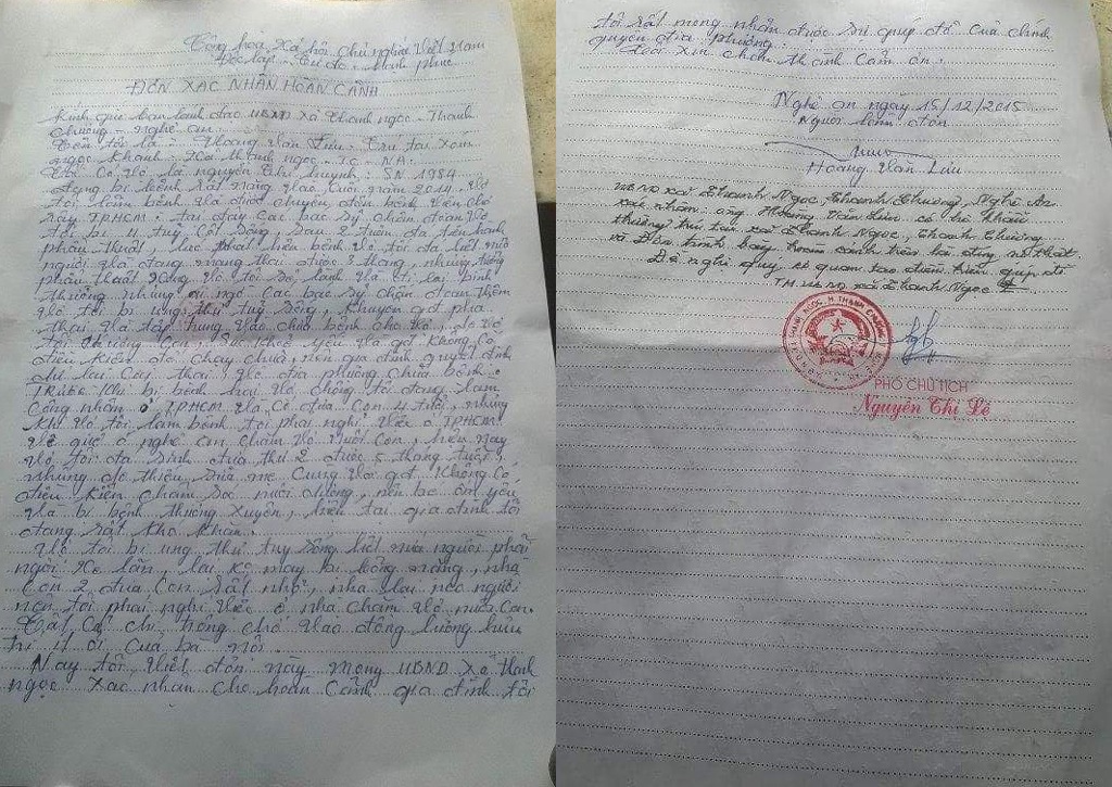 Giấy xác nhận hoàn cảnh của gia đình anh Lưu.