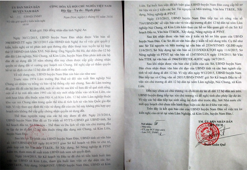 UBND huyện Nam Đàn trả lời ý kiến, kiến nghị của 12 hộ dân.