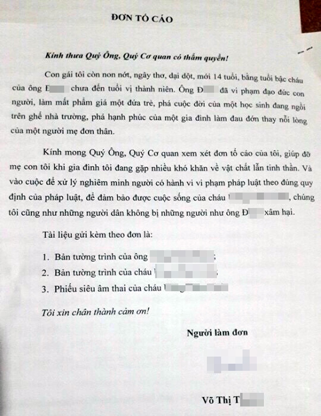 Nghi án cụ ông 70 tuổi “làm” cháu lớp 9 sinh con? - 1 Đơn tố cáo sự việc đến cơ quan công an của bà T. (mẹ cháu L.)