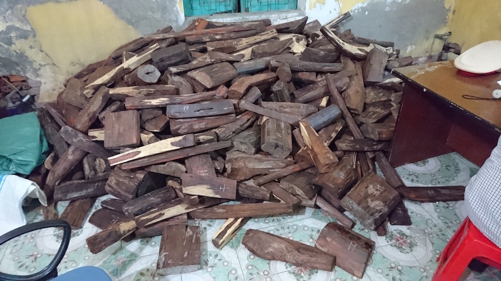 Số gỗ trắc được đưa về tại cơ quan công an làm rõ.
