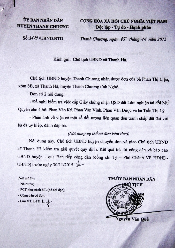 Công văn 3129 của UBND huyện Thanh Chương yêu cầu xã Thanh Hà giải quyết và trả lời vụ việc.