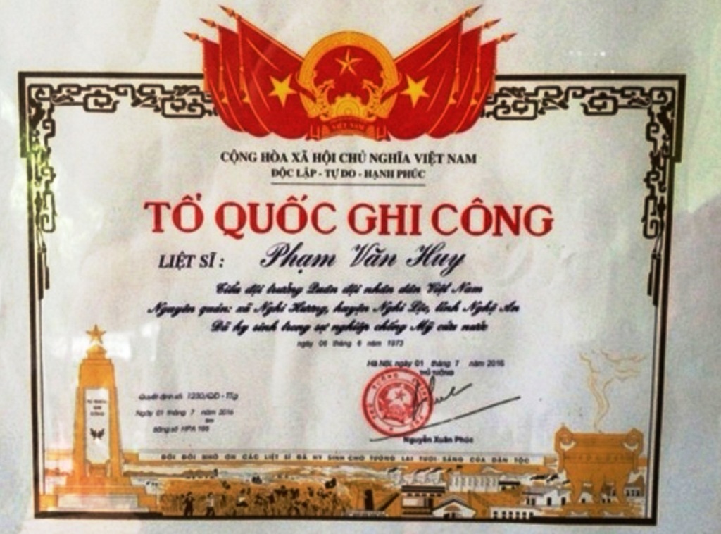 Sau 43 năm, liệt sĩ Phạm Văn Huy mới được công nhận.