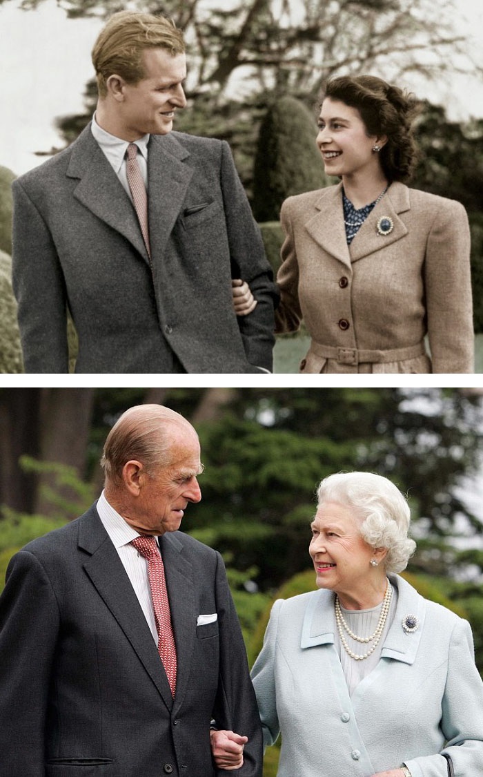 Những bức ảnh ngày ấy bây giờ chứng minh tình yêu trường tồn - 2 Nữ hoàng Elizabeth và đức phu quân chia nhau nụ cười năm 1947 và 60 năm sau.