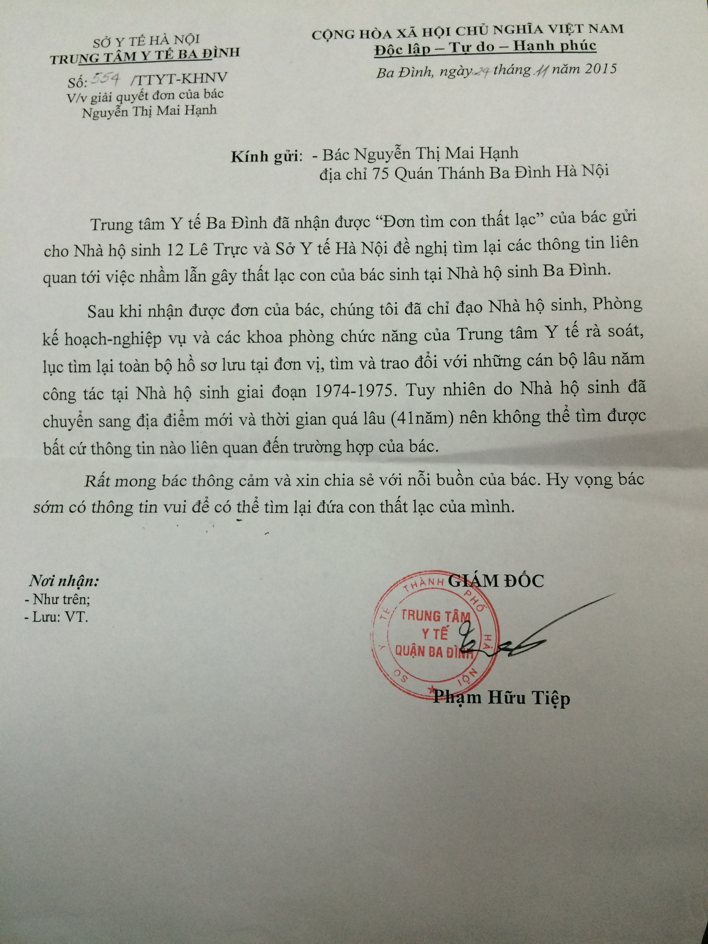 Văn bản trả lời của Trung tâm Y tế quận Ba Đình