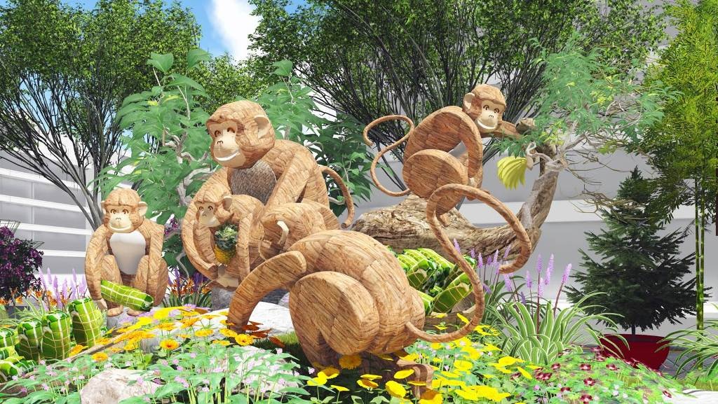 Trong 12 lần tổ chức trước đây, đại cảnh cổng đường hoa với hình ảnh linh vật luôn nằm ở vị trí trung tâm. Năm nay, gia đình khỉ của đường hoa Nguyễn Huệ 2016 sẽ được bố trí ở hai bên, chính giữa là đại cảnh Hoa Kết Đoàn nhiều màu sắc.