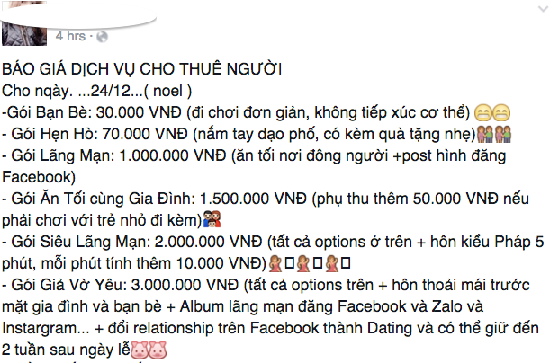 Dịch vụ cho thuê ông già Noel lại “hot" mùa Giáng sinh - 4 Thị trường cũng xuất hiện rao vặt về dịch vụ cho thuê người yêu đi chơi Noel với mức chi phí từ vài trăm cho tới cả triệu đồng/buổi.