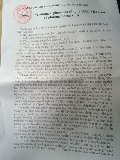 Văn bản của Ban Quản lý các khu công nghiệp và chế xuất Hà Nội thừa nhận phản ánh của báo chí là đúng (Ảnh: T.K.)