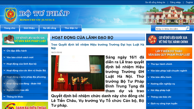 Bộ Tư pháp thông báo bổ nhiệm Hiệu trưởng Đại học Luật Hà Nội đối với ông Lê Tiến Châu-Vụ trưởng Vụ Tổ chức cán bộ (Bộ Tư pháp) từ ngày 16/1.