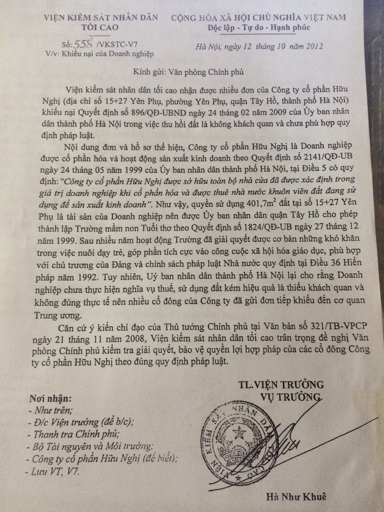 Văn bản của VKSND Tối cao đề nghị bảo vệ quyền lợi của cổ đông Công ty cổ phần Hữu Nghị trong việc Hà Nội thu hồi hơn 400m2 đất tại phố Yên Phụ (Ảnh: T.K)