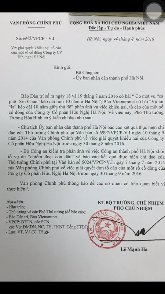 Phó Thủ tướng chỉ đạo làm rõ vụ “cà phê Xin Chào ở Hà Nội” - 2 Phó Thủ tướng Chính phủ Trương Hòa Bình chỉ đạo UBND TP Hà Nội và Bộ Công an làm rõ sự việc tại Công ty cổ phần Hữu Nghị.