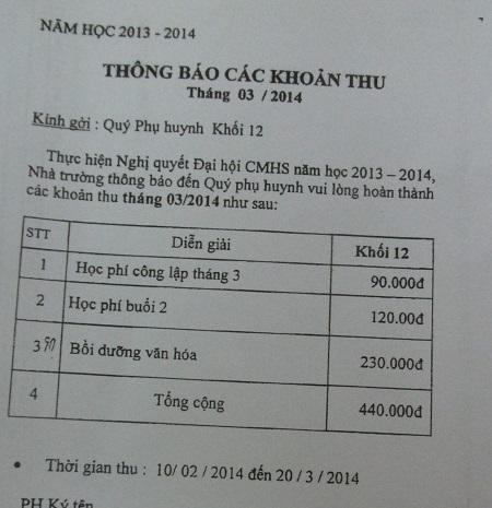 Hiệu trưởng bị tố cáo thu tăng tiết hàng tỷ đồng - 3 Những thông báo thu tiền trong đầu năm học 2013-2014 của lớp 12