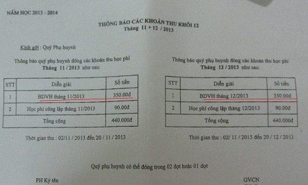 Hiệu trưởng bị tố cáo thu tăng tiết hàng tỷ đồng - 2 Những thông báo thu tiền trong đầu năm học 2013-2014 của lớp 12