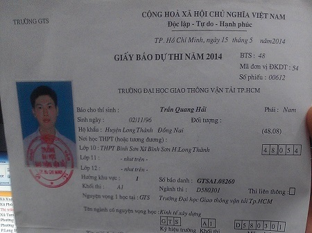 Sai điểm ưu tiên, thí sinh suýt rớt đại học - 1 Giấy báo dự thi của thí sinh Trần Quang Hải ghi rõ em được hưởng khu vực 1