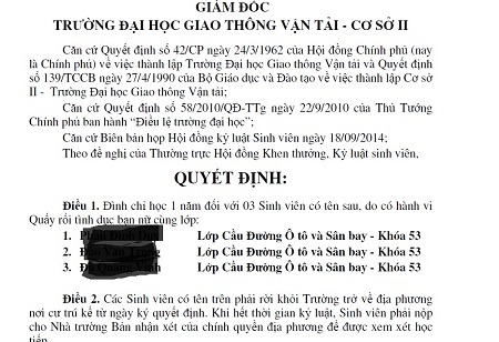 Đình chỉ học 3 nam sinh viên quấy rối tình dục bạn nữ - 1 Quyết định kỷ luật với 3 nam sinh viên có hành vi quấy rối tình dục bạn nữ cùng lớp