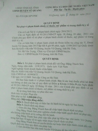 Quyết định xử phạt hành chính đối với đại lý thuốc Sơn Hà