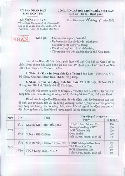 Chuyện hy hữu: Tỉnh điện khẩn huy động người... đi xem bóng đá - 1 Huy động khẩn điều người đi xem đá bóng của UBND tỉnh Kon Tum. Ảnh: L.Đ.Dũng