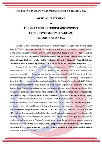 Biển Đông: Tiếng nói mạnh mẽ của du học sinh Việt tại Melbourne - 1 Thông cáo của Movsa viết bằng hai thứ tiếng, Anh và Việt