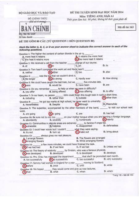 Hướng dẫn giải đề thi môn tiếng Anh khối A1 năm 2014 - 1 Nguồn: