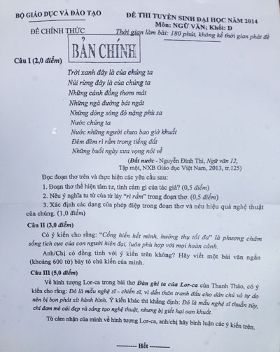 Đề thi môn Văn khối D