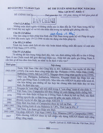 An ninh và ổn định khu vực vào đề thi môn Lịch sử - 1 Đề thi môn Lịch Sử
