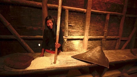 Trong hình là một phụ nữ của bộ tộc Konyak đang giã gạo bằng chày gỗ