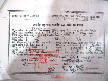 Trong hồ sơ Đảng của bà Biên không có bằng THCS mà chỉ có Phiếu dự thi tuyển vào lớp 10 PTTH