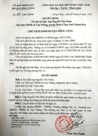 Thanh Hóa: Hàng loạt cán bộ xã bị kỷ luật, cách chức - 1 Quyết định cách chức ông Nguyễn Văn Niệm - Chủ tịch UBND xã Vạn Thắng