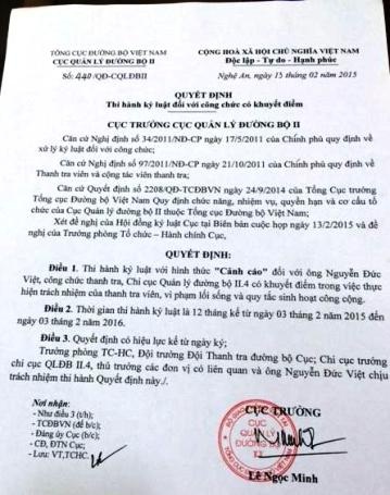 Quyết định kỷ luật với hình thức cảnh cáo đối với công chức thanh tra Nguyễn Đức Việt