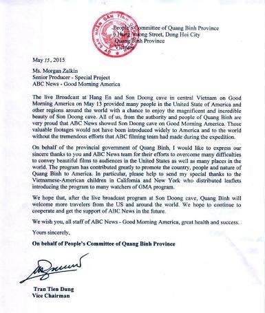 UBND tỉnh Quảng Bình gửi thư cảm ơn Đài truyền hình Mỹ ABC News