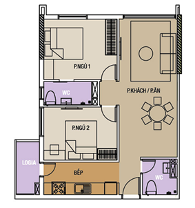 Căn hộ loại A hai phòng ngủ (60m2-64m2)