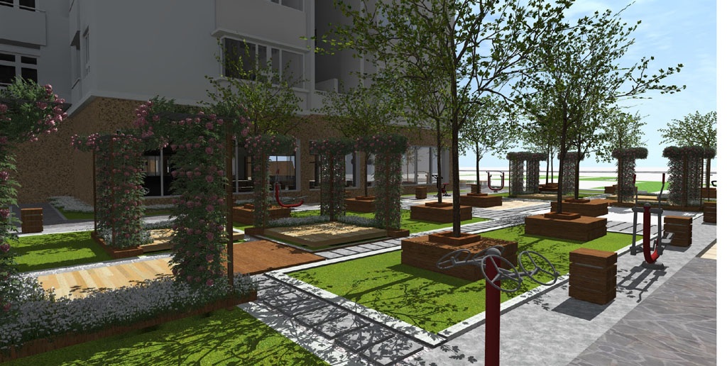 Sân tập dưỡng sinh hơn 350m2 dành cho người già thiết kế hài hòa