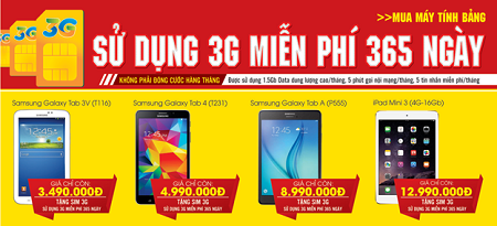 Miễn phí sử dụng 3G trong 365 ngày khi mua máy tính bảng
