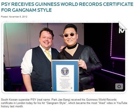 Psy nhận kỷ lục thế giới Guinness cho bản hit