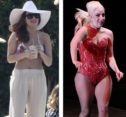 Lady Gaga khoe dáng gợi cảm sau khi giảm hơn 13kg - 5 Khác với hình ảnh có phần mập mạp hồi đầu năm (phải), Lady Gaga của hiện tại thanh mảnh hơn nhiều.