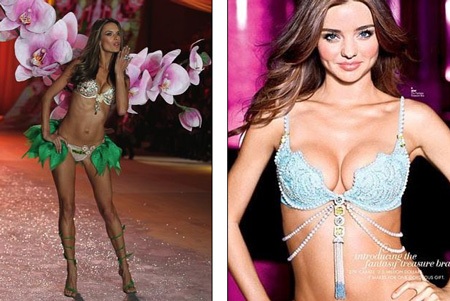 Ngắm bộ đồ lót trị giá 200 tỉ đồng - 3 Alessandra Ambrosio (trái) mặc chiếc áo lót đặc biệt trong show diễn năm 2012 của