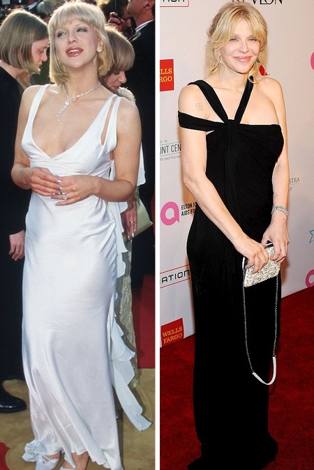 Courtney Love khi 33 tuổi (trái) và khi 35 tuổi (phải) sau ca nâng cơ mặt đầu tiên trong đời