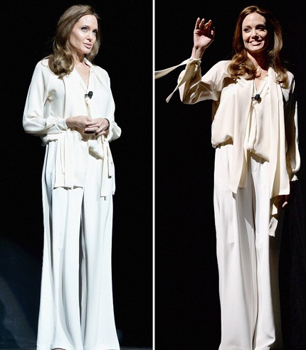 Angelina ngày càng gầy gò, bộ trang phục rộng thùng thình càng tố cáo thêm điều đó.