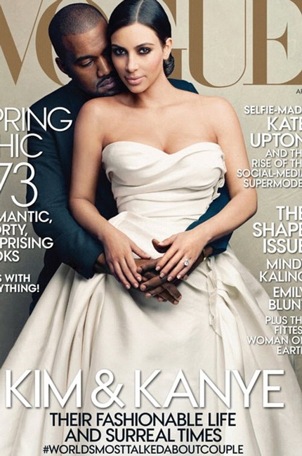 Kim và Kanye tình tứ trên bìa tạp chí Vogue, số tháng 4/2014.