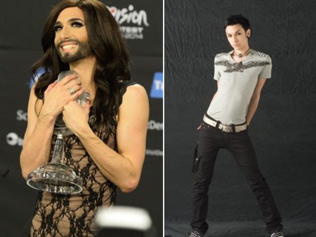 Ảnh thời chưa là "phụ nữ" của quán quân Eurovision - 1 Conchita Wurst hiện tại (trái) và khi chưa là phụ nữ (phải)
