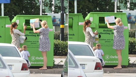 Danielle mang một số đồ đạc ra thùng quyên góp đồ cũ cho các tổ chức từ thiện.