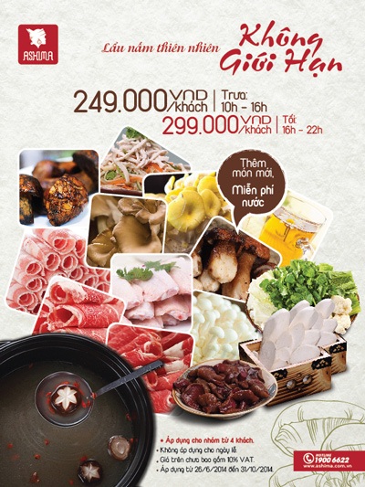 Bí quyết “đẹp da, giữ dáng” của phụ nữ Nhật - 4 Chương trình áp dụng cho nhóm từ 4 người tại tất cả nhà hàng lẩu nấm Ashima khu vực TPHCM.