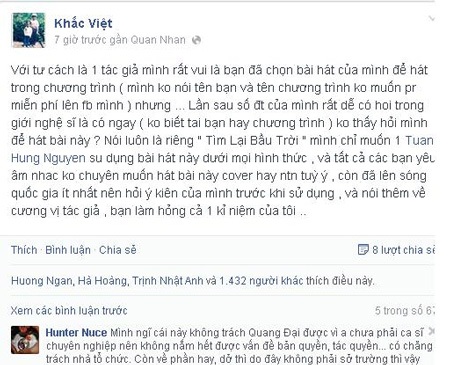 Quang Đại sẽ xin lỗi Tuấn Hưng nếu BTC yêu cầu - 2 Trên trang cá nhân của mình,