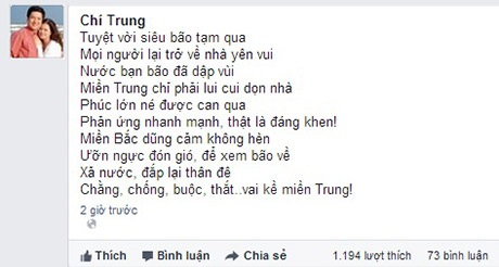 Cộng đồng mạng “nín thở” theo dõi đường đi của siêu bão - 10 Chia sẻ của nghệ sĩ Chí Trung về việc bão không vào miền Trung