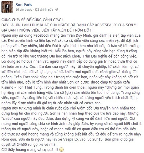 “Hot boy” Ngoại giao bị kẻ mạo danh "cháu lãnh đạo" lừa mất xe - 2 Sơn chia sẻ vụ việc trên mạng để mọi người cảnh giác và tìm thông tin về thủ phạm