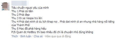 Dân mạng bức xúc vì tiêu chuẩn người yêu của “hot boy tự phong” - 2 Dòng trạng thái tuyển người yêu gây tranh cãi của hot boy tự xưng