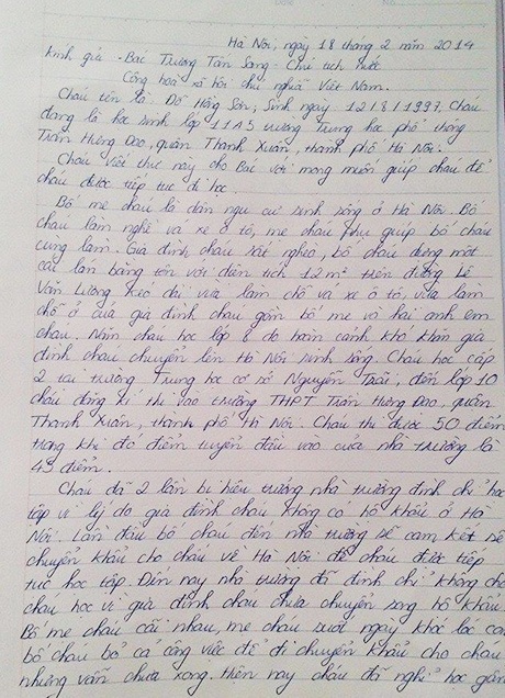 Tâm thư cậu học trò bị buộc nghỉ học vì không hộ khẩu Hà Nội - 1 Lá thư gửi Chủ tịch nước của em Đỗ Hồng Sơn