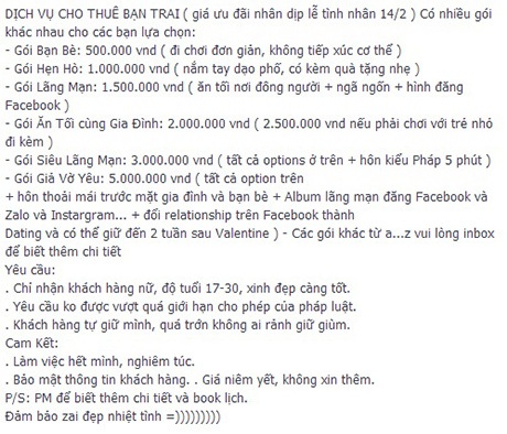 Khóc dở trò đùa "bảng giá" cho thuê người yêu dịp Valentine - 1 Bảng giá cho thuê người yêu đang được chia sẻ rầm rộ trên mạng