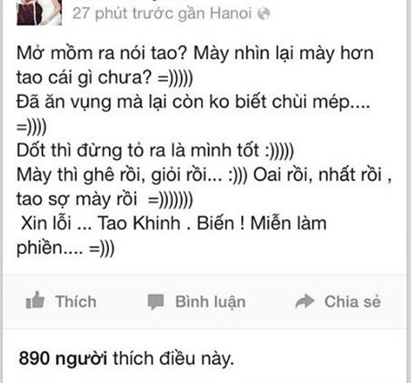 “Hot girl” đăng đàn chửi bới để chứng tỏ tiếng nói? - 2 Status chửi đổng của cô người mẫu